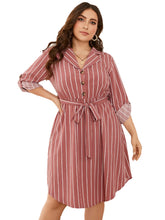 Plus Size Striped Belt Design Front Button Long Sleeves Dress